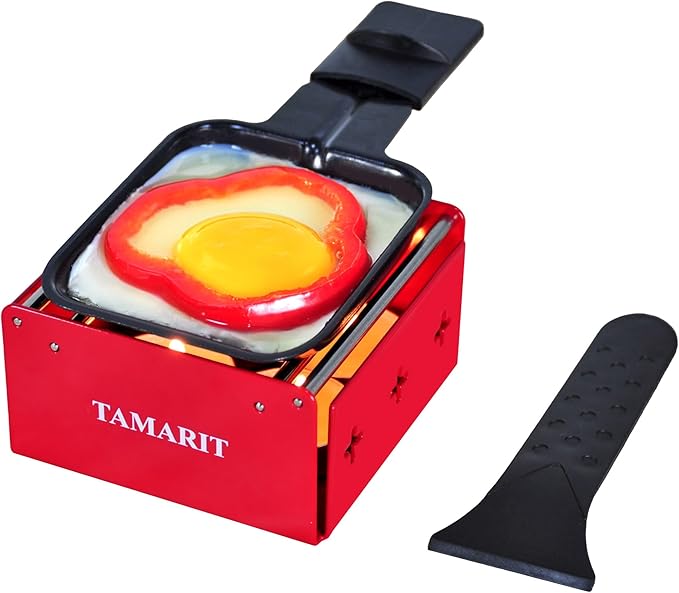 TAMARIT Personal Raclette Grill- Portable Candlelight Raclette Cheese Melter with Non-Stick Pan & Spatula - Small Raclette Machine for One Person, Picnic, Camping & Home, Red