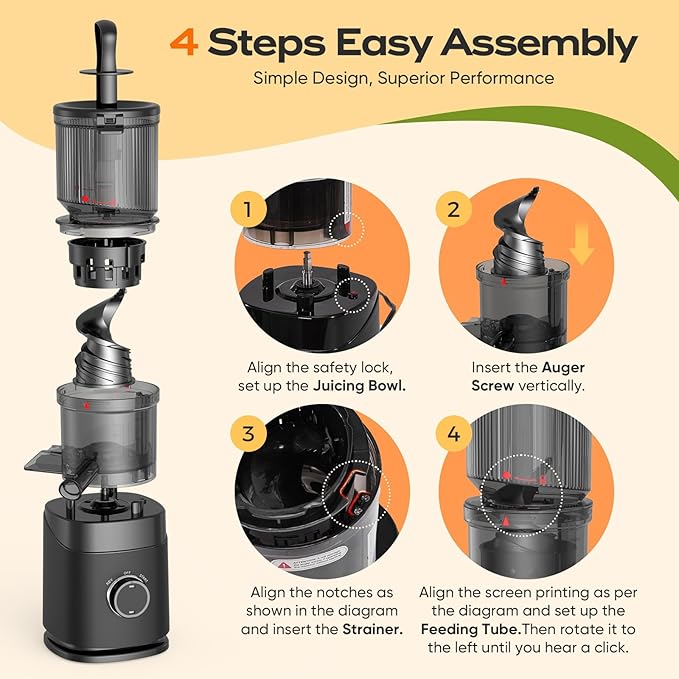 Juicer Machines, Cold Press Juicer Professional for Maximum Nutrients & High Yield, Ultra-Quiet Motor Efficient with Leafy Greens to Hard Vegetables, Easy to Clean Design, Black