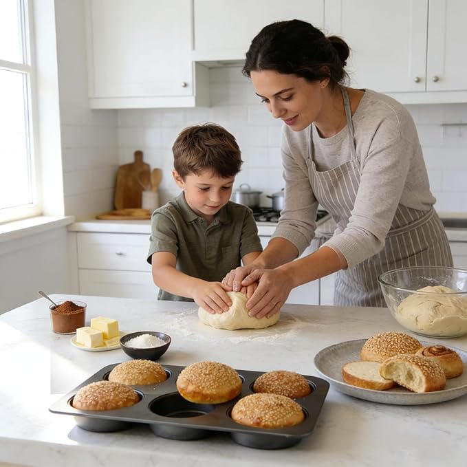 2 Pcs English Muffin Pans, 3.6 Inch Non-Stick 6 Cup Straight Side Cupcake Pan, Hamburger Bun Pan for Baking Muffin Egg Sandwich Frittata Cinnamon Roll (Lid NOT Included)