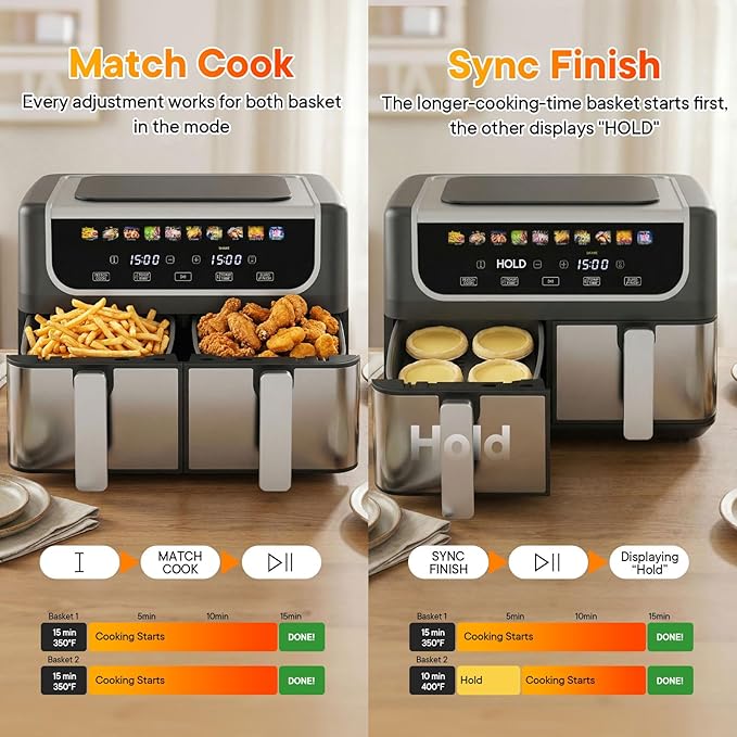NEWBULIG Dual Air Fryer with 2 Baskets 9.5 QT, 10 in 1 Large Air Fryers with Ceramic Crisper Plate, Match Cook, Sync Finish, Shake Reminder, 80-450°F Wide Temp, Roast, Defrost, Dehydrate, Bake, Black