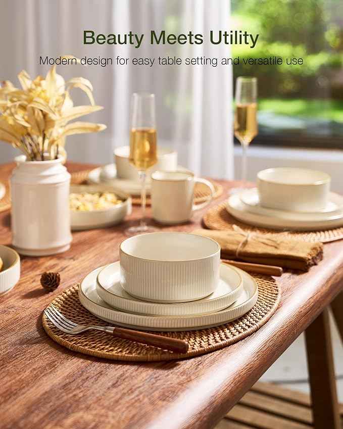 Famiware Star Dinnerware Set with Pasta Bowls, Service for 4 (16pcs), Ribbed Stoneware Plates and Bowls Dishes Sets with Trim - Chip & Scratch Resistant, Microwave & Dishwasher Safe, White