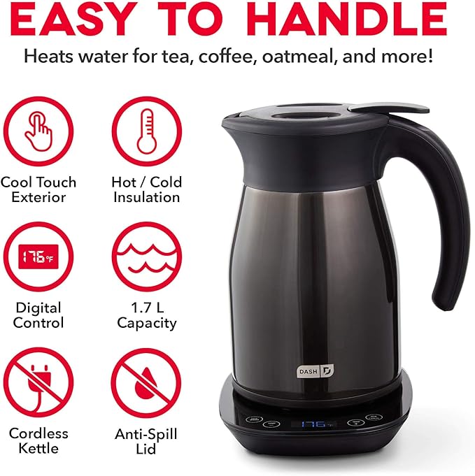Dash Insulated Electric Kettle, Cordless Hot Water Kettle - Black Stainless Steel, 57oz/1.7L