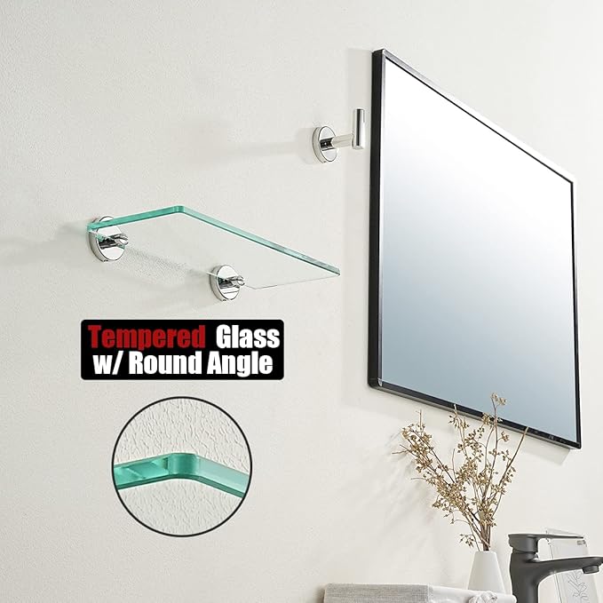 JQK Bathroom Glass Shelf Chrome, Tempered Glass Shower Storage 12 by 5 inches, 304 Stainless Steel Polished Chrome Wall Mount 2 Pack, TGS101L12-CH-P2