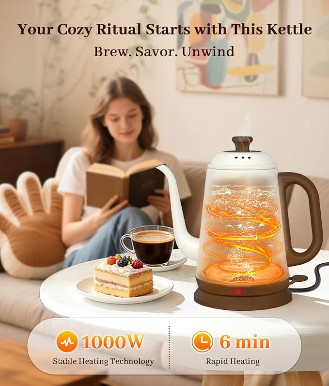 Gooseneck Electric Kettle 1L, 1000W Fast Boiling for Pour-Over Coffee & Tea, 304 Stainless Steel BPA-Free, Precise Flow Spout, Auto Shut-Off & Boil-Dry Protection, Retro Style (White)