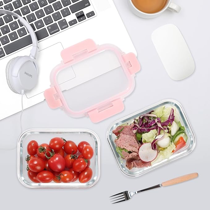 GULFLIN Glass Meal Prep Containers 12-Pack, 22oz Glass Food Storage Containers with Lids, Air-Tight, Leak-Resistant, Freezer to Microwave Safe-Pink Set