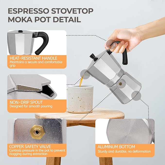 Aluminum 3 Cup 150ml Moka Pot Express Coffee Maker Stovetop Espresso Percolator Coffeemaker Italian Classic Style Brewing Greca Cafe Mocha Machine for Cafeteras Lover Camping Travel and Home Use 5oz