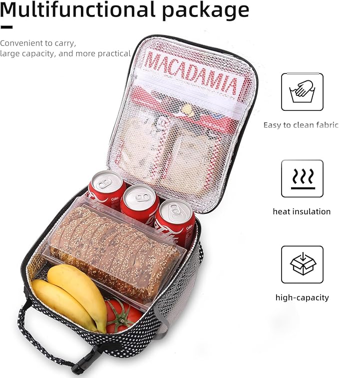 Lovoeo Lunch box Lunch bag for men women Insulated Lunchbox Lunch bags for Work Picnic Travel (Black polka dot)