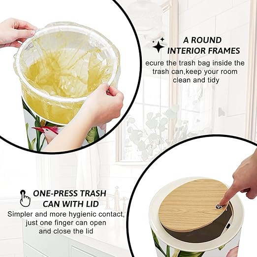 Trash Can with Lid Seamless floral summer pattern tropical palm leaves hummingbirds Press Top Round Small Garbage Bin with Wooden Legs Waste Basket for Kitchen Bedroom Nursery 7L/1.8 Gallon