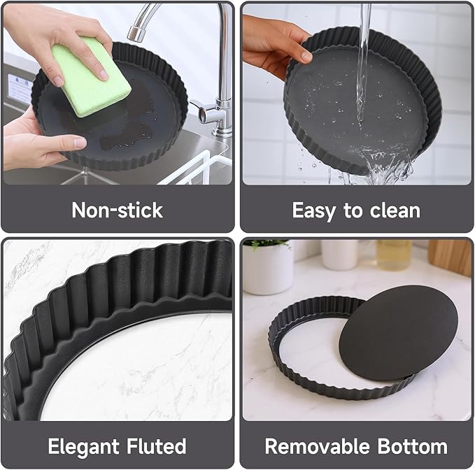 Tart Pan Removable Bottom - 8.6 Inch Non-Stick Carbon Steel Pie Pan for Baking Tarts, Pies, Quiches, Brownies, Quiche Baking Dish with Fluted Edges, Fruit Tart Mold