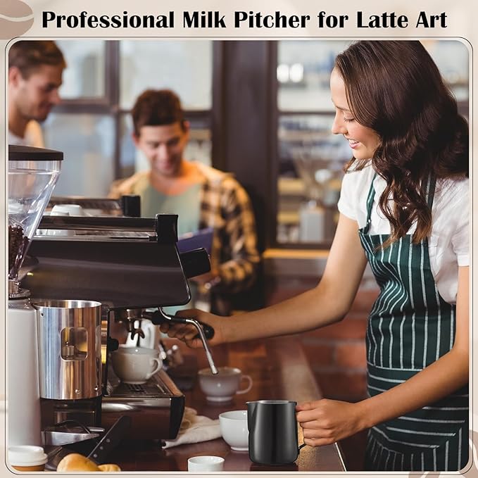 Honeydak 6 Pcs Milk Frothing Pitcher 304 Stainless Steel Steaming Pitchers for Coffee Bar Cappuccino Barista Tools Milk Jug Steamer Frother Cup (12 oz)