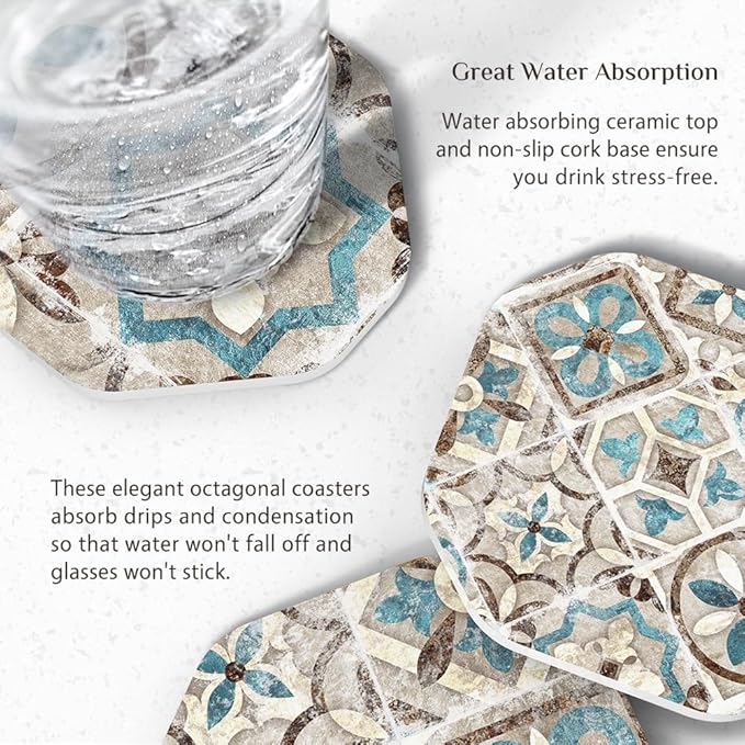 UMIRRO Drinks Coasters for Coffee Table Decor, Rustic Retro Boho Farmhouse Coasters, Absorbent Cup Mats for Wooden Table, Mandala Style, Unique Vintage Tile Design, Brown, 4", Set of 6