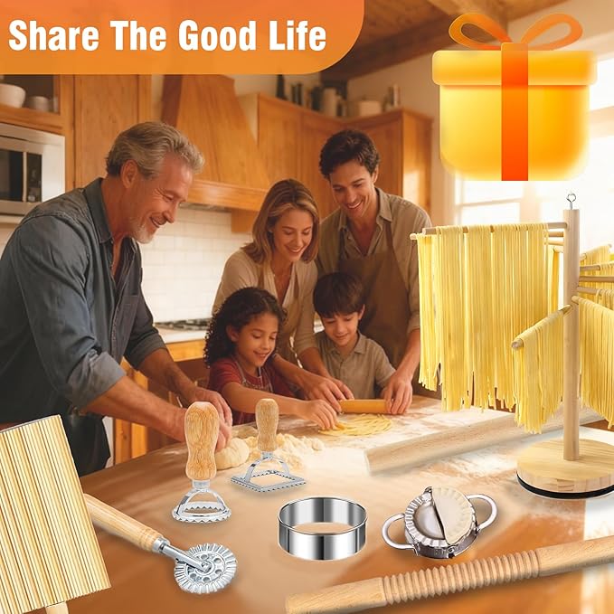 10 Pcs Pasta Making Tools, Pasta Making Kit with Pasta Drying Rack,2 Rolling Pins,Gnocchi Board,Pasta Cutting Tools,2 Ravioli Makers,Making Dumplings.All-in-One Pasta Making Accessories for Home