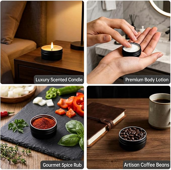 120 Pack 0.5 oz Aluminum Tin Jars with Screw Lids - Food Grade Round Metal Containers for Lip Balm, Salves, Spices & Crafts - Leak Proof Travel Cosmetic Sample Tins with Labels (15ml Black)