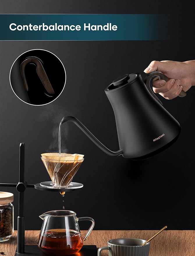 INTASTING Electric Kettle, Gooseneck Electric Kettle, ±1℉ Precise Temperature Control, Stainless Steel Interior, Quick Heating for Pour Over Coffee, Tea & Boiling Water, 0.9L (Matte Black)