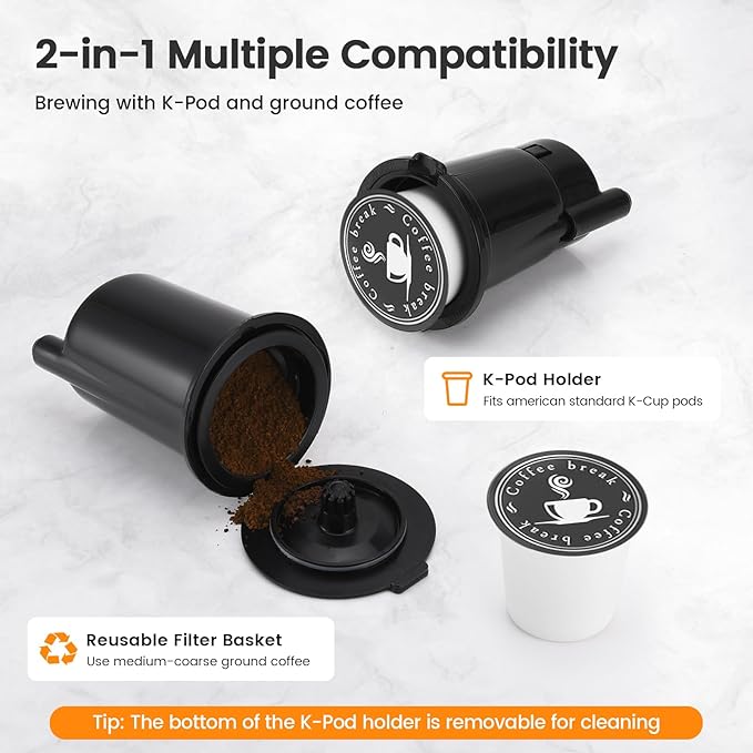 Horavie Single Serve Coffee Maker for K-Cup Pod & Grounds, Hot & Iced Coffee Maker, Strong Button Feature, 6 to 14oz Brew Sizes, 50oz Removable Reservoir, Fit 6.5" Mugs, Stainless Steel, White