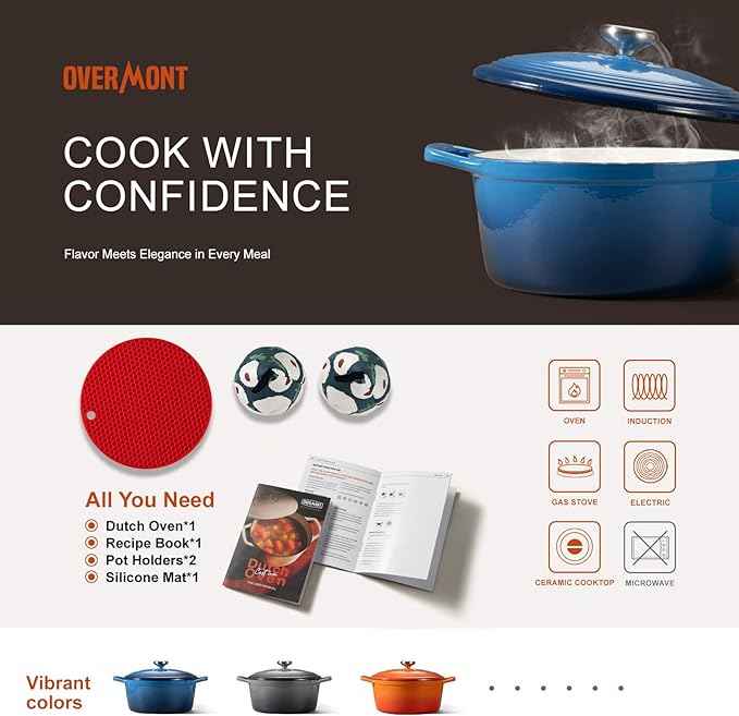 Overmont Refined Enameled Cast Iron Dutch Oven - 5.5QT Pot with Wide Handles Lid Cookbook & Cotton Potholders - Heavy-Duty Pre-Seasoned Cookware Oven Safe to 500°F for Braising, Stews, Roasting, Bread Baking