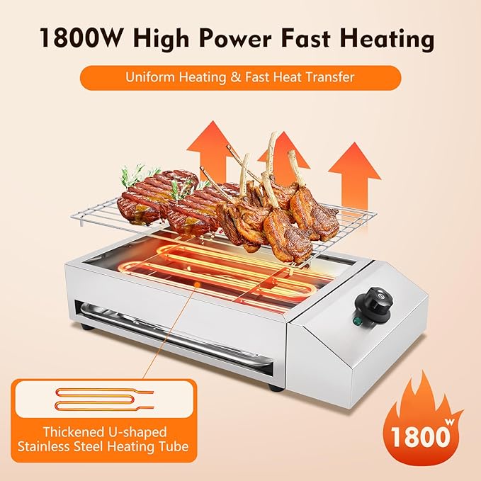 Electric Indoor Grill 1800W, 2 in 1 Smokeless Indoor Stainless Steel Grills with Non-stick Removable Grill & Grease Catcher Tray, 122-302°F Temperature Control Portable Flat Top Korean BBQ Grill