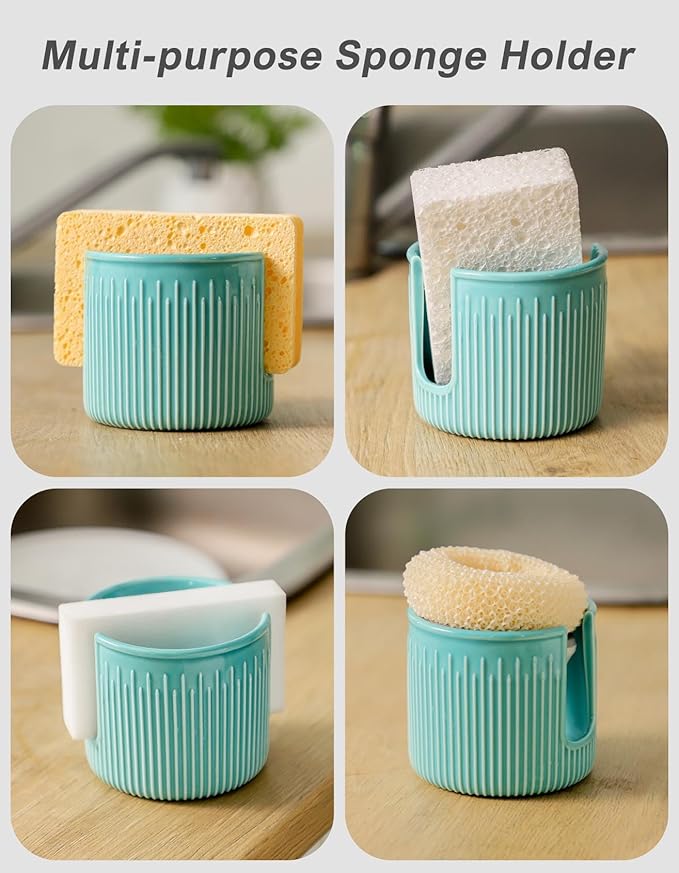 Ceramic Sponge Holder for Kitchen Sink, Scrub Sponge Dish Rack, Farmhouse Compact Sink Caddy Organizer, Turquoise