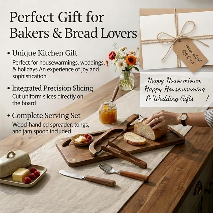 Bread Bow Knife and Cutting Board Set, 16" Serrated Stainless Steel Slicer for Homemade Sourdough & Artisan Bread, Ambidextrous Bread Slicing Kit with Crumb Tray, Bread Tong, Butter Knife, Jam Spoon