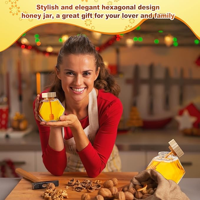 Sunnyray 8 Pcs Glass Honey Jars with Dipper Hexagonal Clear Glass Dispenser Small Honey Containers Bottle with Wooden Dipper and Cork Lid for Home Storage Kitchen (220 ml)