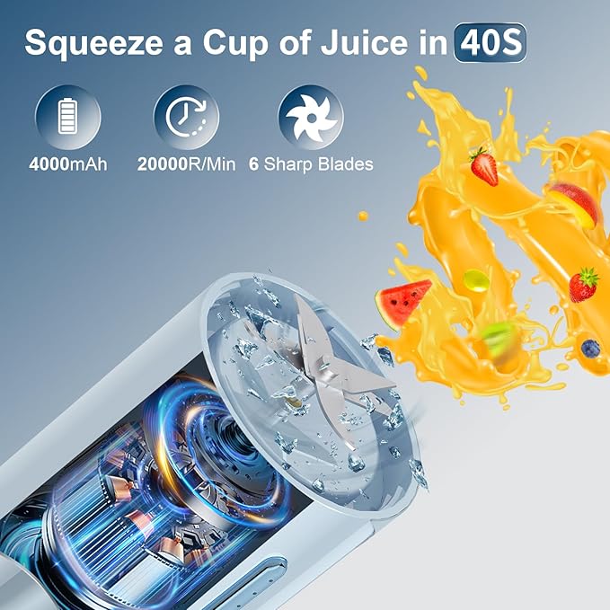 Portable Personal Blender for Fresh Juice, Shakes and Smoothies - 16 Oz Mini Small Blender Bottle Cup with 6 Blades, USB Rechargeable, BPA Free for Kitchen, Travel, Office, Gym