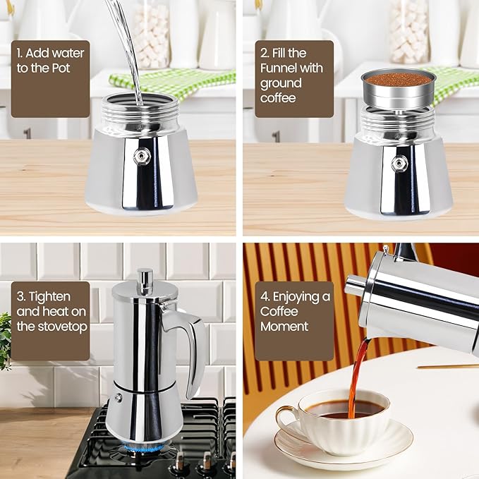 2 Cup Thickened Moka Pot 304 Stainless Steel 100ml Italian Espresso Coffee Maker Stovetop CoffeeMakers Mocha Pot Percolator for Induction Stove Classic Cafe Makers Portable for Easy Brewing