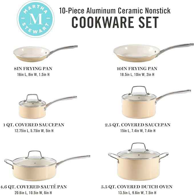 Martha Stewart Lockton Premium Nonstick PFA Free Ceramic Interior 10 Piece Enamel Heavy Gauge Aluminum Pots and Pans Cookware Set - Butter Cream