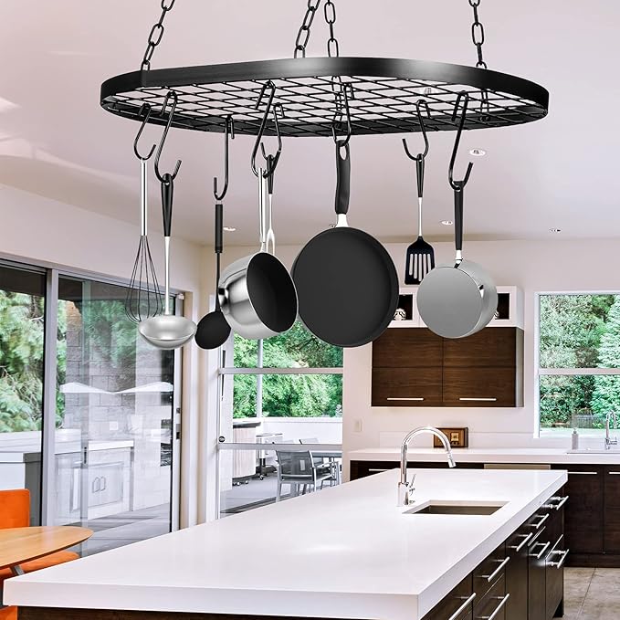 Patelai 20 Inch Pots and Pans Organizer Hanging Rack Pot and Pan Organizer with 20 S Hooks for Home, Restaurant, Kitchen Cookware, Utensils, Books, Household(Black)