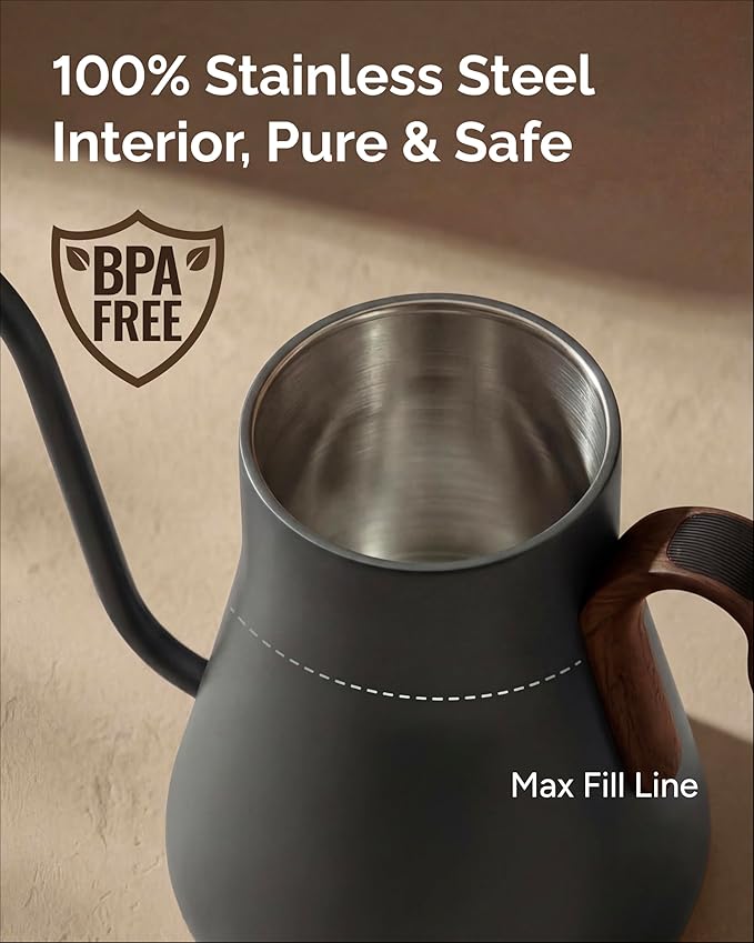 INTASTING Gooseneck Electric Kettle with Precise ±1℉ Temperature Control, Wood-Accented Handle, Stainless Steel Interior, Quick Heating Pour Over Kettle for Coffee & Tea, 0.9L, Matte Grey