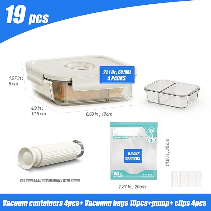 Vacuum Sealer & Food Storage Container for Food, Handheld Vacuum Pump For Glass Vacuum Storage Containers|2 compartment [21 Oz-4 PACK] & 10 Reusable Food Saver Sealer Bags[8.5 Cups]