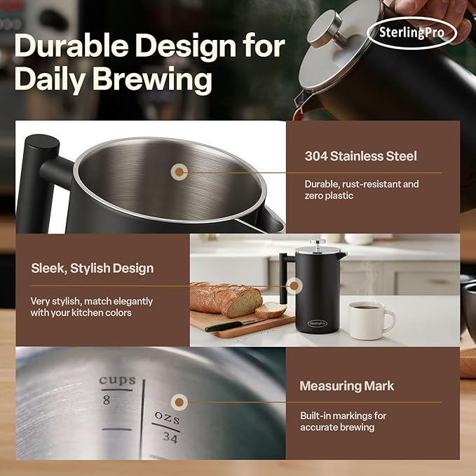 SterlingPro Stainless Steel French Press Coffee Maker 1 L (34 oz) Black – Double Walled Insulated Large Coffee Press, Durable Design Keeps Drinks Hot, Easy to Use and Clean for Rich Flavor Brewing