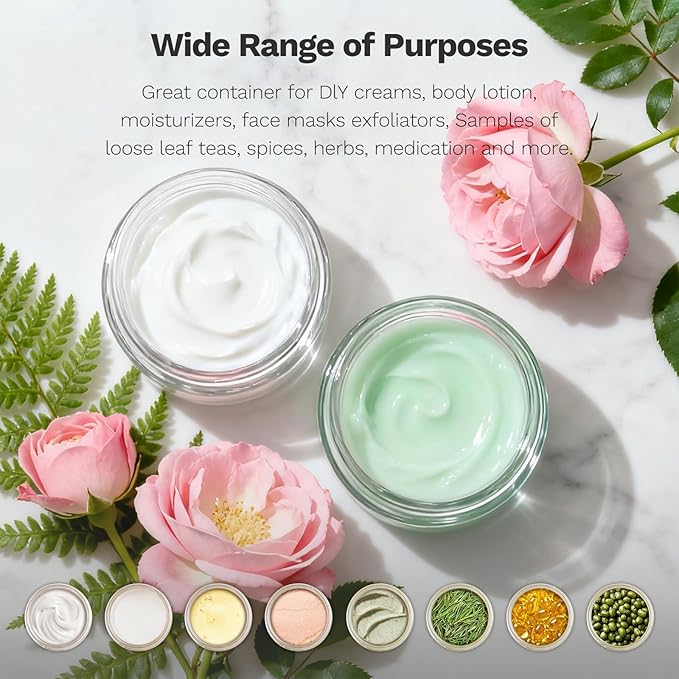 1 oz Round Clear Glass Jars, Bumobum 105 Pack Cream Jars with Black Lids, Black and White Labels & Inner Liners, Empty Cosmetic Containers for Cream, Lotion