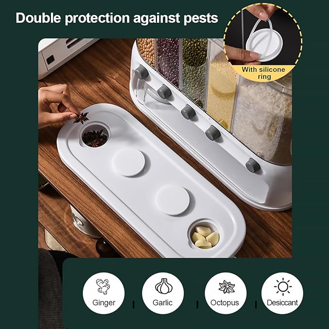 ETOYA Dry Food Dispenser, Wall mounted 5 Grid Cereal Dispenser,Rice dispenser 25 pounds Kitchen Storage with Measuring Cup for Kitchen, Pantry, Restaurant & Bulk Food