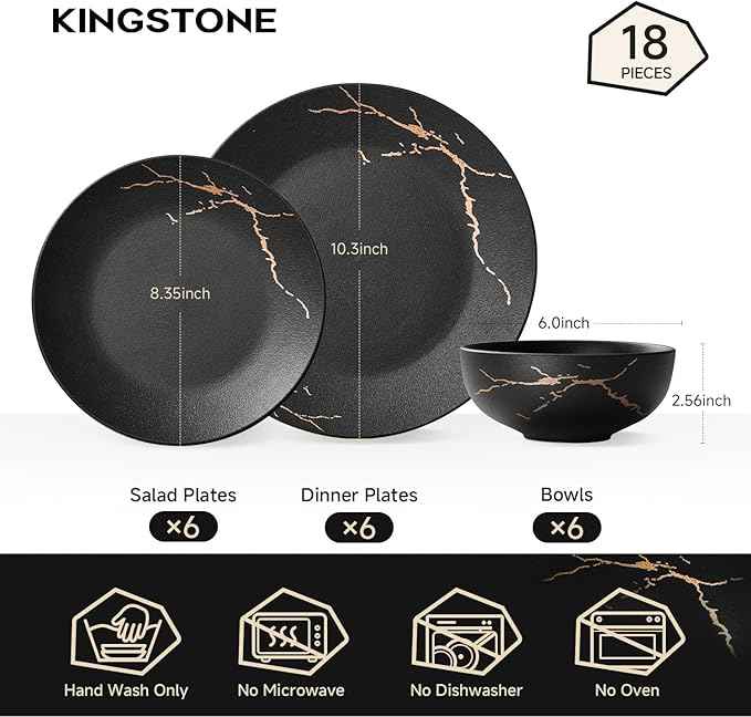 KINGSTONE Dinnerware Sets for 6 Porcelain Plates and Bowls Sets 18 Piece Matte Black with Gold Vein Dish Set Scratch Resistant Dinner Salad Plate Dishware for Wedding Party Daily