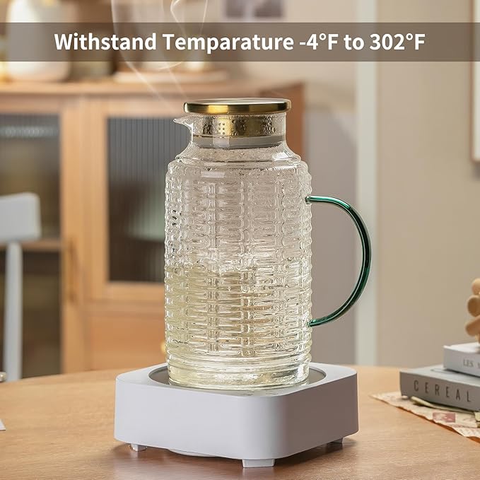 Buaic Glass Pitcher with Lid,84 oz/2.5 Liter Vintage Water Pitcher, Clear Borosilicate Glass Water Carafe for Cold Brew, Coffee, Lemonade, Iced Sun Tea, Juice, Beverage, Milk, Heat Resistant
