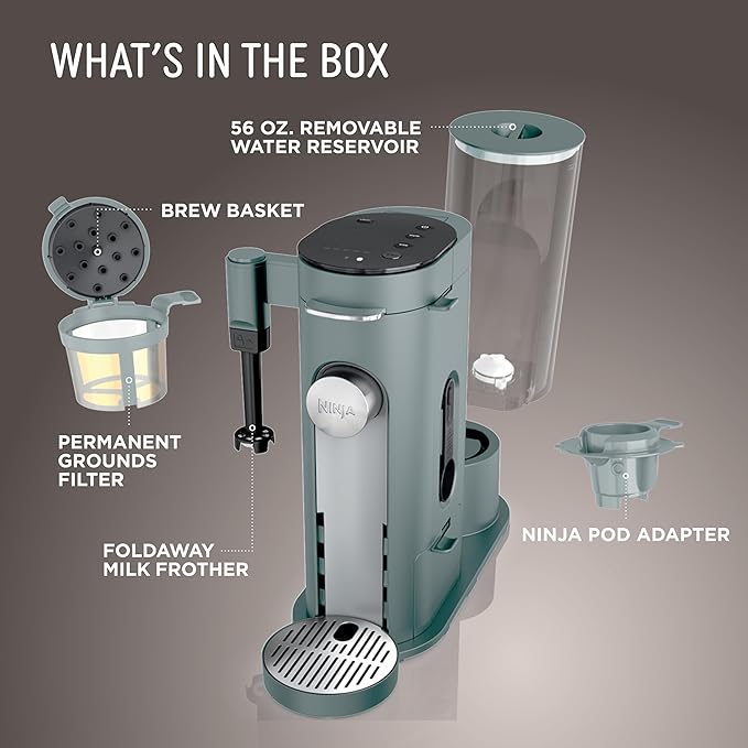 Ninja Pods & Grounds Specialty Single-Serve Coffee Maker, K-Cup Pod Compatible, Built-In Milk Frother, 6-oz. Cup to 24-oz. Travel Mug Sizes, Iced Coffee Maker, 1550 watts, Sage Green, PB051SG