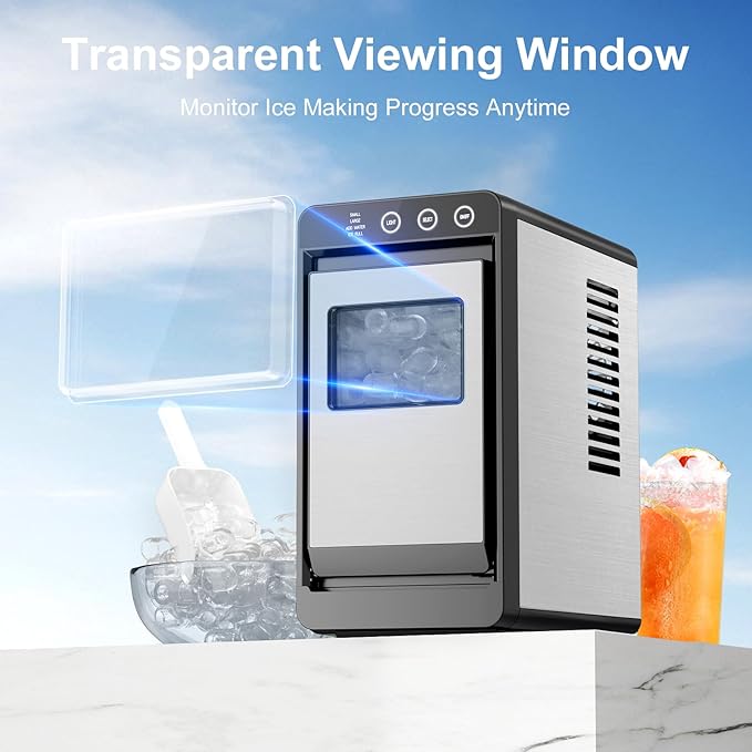 Kismile Ice Maker Countertop, 26Lbs/24H Bullet Portable Ice Maker Machine with 2 Ice Sizes, Interior Light, Self-Cleaning, 8 Cubes in 6 Mins, 0.8L Compact Ice Maker for Home, Kitchen, Stainless Steel
