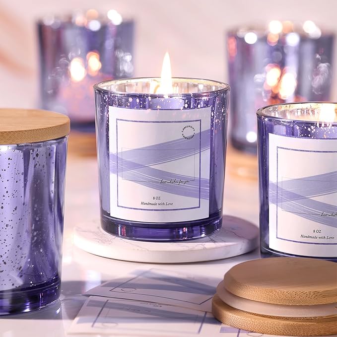 LAMORGIFT 15 Pack Glass Candle Making Jars with Lids (8oz, Purple) - Candle Containers for Making Candles - Mercury Glass Candle Jars Include 20 Pcs Candle Labels