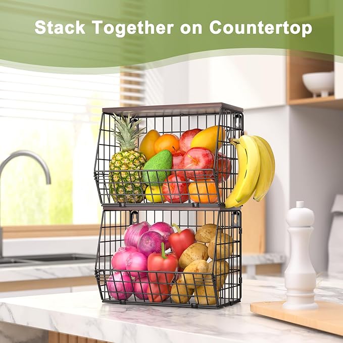 Wawocs Fruit Basket for Kitchen Counter 2 Tier Fruit Bowl, Stackable Wall Mounted Hanging Fruit Basket Wire Baskets with Wood Lid with 4 Banana Hanger Hooks, Onion Basket, Fruit and Vegetable Storage