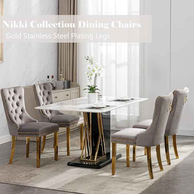 Grey Velvet Dining Chairs Set of 6, Upholstered Dining Room Chairs with Back Ring Pull Trim and Golden Stainless Steel Legs,Modern Kitchen Chairs for Dining Room,Living Room,Kitchen(Grey)
