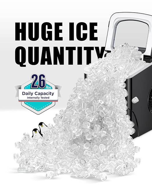 Ice Maker Machine for Countertop, 9 Bullet Ice Cubes Ready in 6 Minutes, 26lbs in 24Hrs Portable Ice Maker Machine Self-Cleaning, 2 Sizes of Bullet-Shaped Ice for Home Kitchen Office Bar Party
