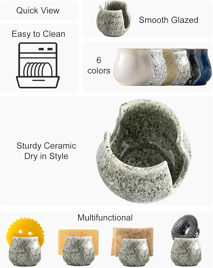Ceramic Sponge Holder, Kitchen Sponge Holder Sink Caddy Organizer Dish Rack for Kitchen Sink Suction, Bathroom, Brush, Special Gray