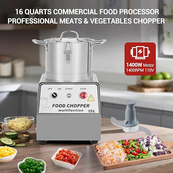 16 QT Commercial Electric Food Processor,1400W Stainless Steel Food&Vegetable Processors, Multi-Functional Chopper Meat Grinder Machine with Blade, Gloves, Brush, for Commercial Kitchens Restaurants