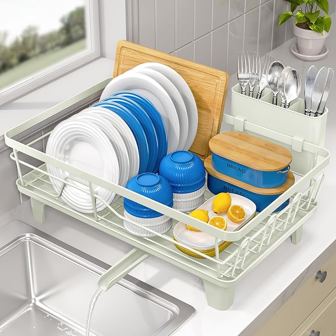Urackify Dish Drying Rack for Kitchen Counter, Sink Dish Rack with Drainboard, Large Dish Drainer with Cups Holder, Home Countertop Plate Dryer Storage Rack with Cutlery Holder, Soft Celery Green
