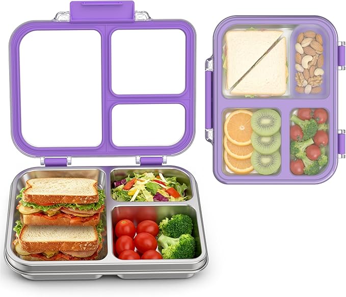 Stainless Steel Bento Box for Kids, 3-Compartment Metal Lunch Box with Clear Lid & Removable Silicone, Lunch Box Kids with Silicone Inner Container for Meal Prep, School, Office (Purple)