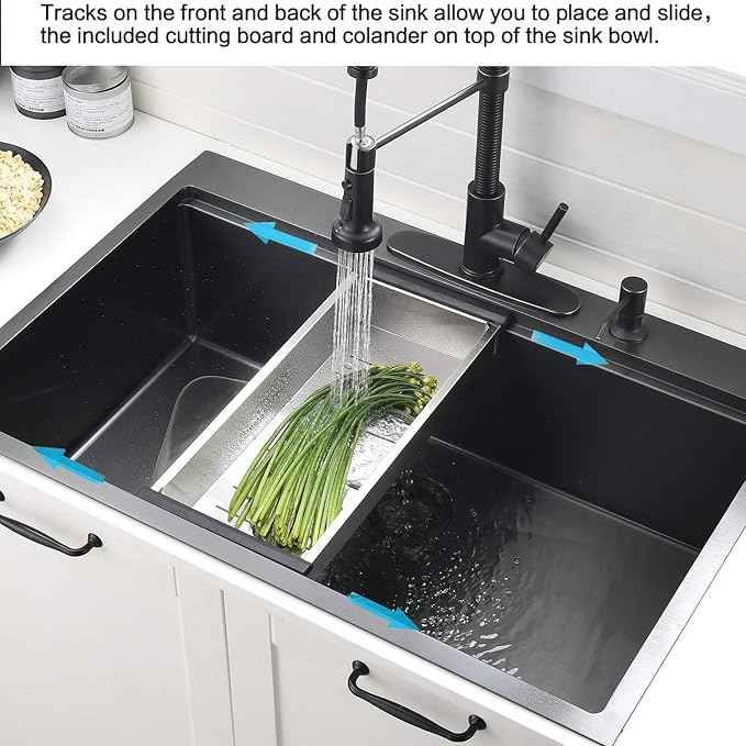 30 Inch Black Drop in Kitchen Sink Workstation - VOKIM 30x18-Inch Drop in sink Stainless Steel 16 Gauge 10'' Deep Single Bowl Topmount Kitchen Sink with Cutting Board& Strainer