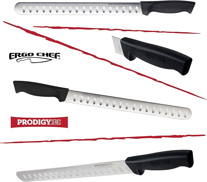 Ergo Chef Prodigy Series 2pc. Set 12-Inch Slicer - Brisket, Roast Carving Knife and Pro Series 8-Inch Meat Carving Fork