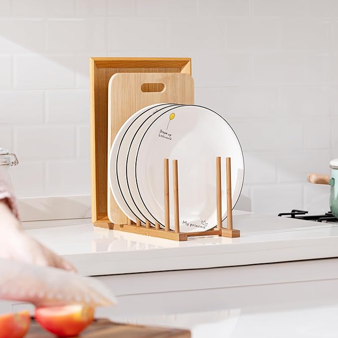 HBlife 4pcs Heighten and Widen Bamboo Dish Dying Rack Pot Lid Plate Organizer Holder for Cabinet, Cutting Board Stand Drainer Storage Plate Rack for Dish, Pot Lid, Bowl, Cup, Cutting Board and Books