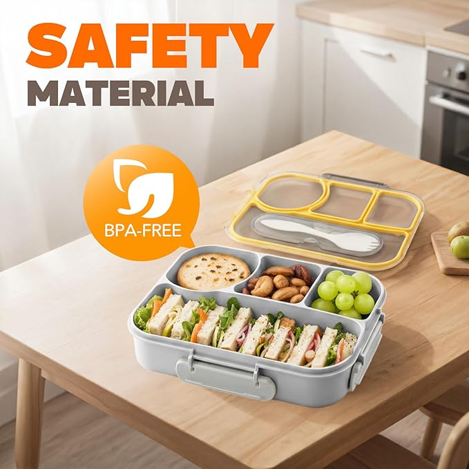 EASYFUN Bento Box Adult, Lunch Box, 4-Compartment Lunch Containers, Drop-Proof, Dishwasher Safe & Made with BPA-Free Materials (Grey)