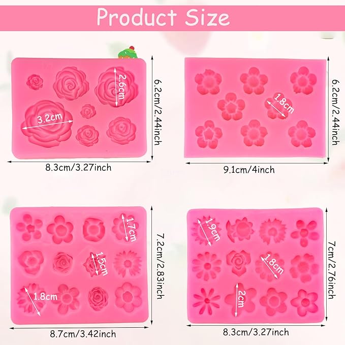 4Pcs Flower Silicone Molds - Rose & Daisy Mini Chocolate & Fondant Cake Decorating Molds for Baking, Soap, Ice Cube & Wax Melt